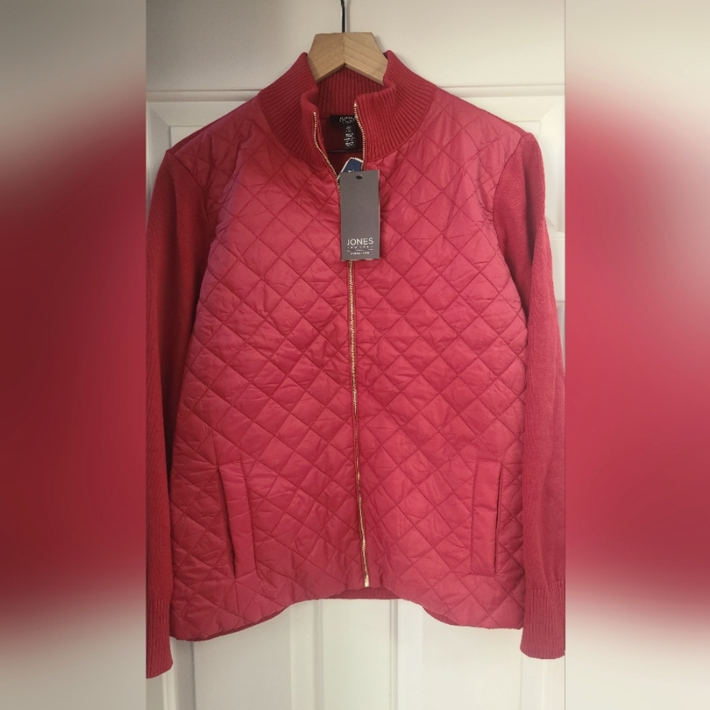 Jones New York Red Quilted Full Zip Sweater XL